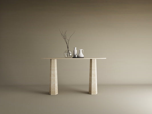 Ellips Travertine Console Table with Tapered Round Base – Solid Travertine Stone Base – Customizable Console Table