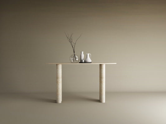Ellips Travertine Console Table with Cylindrical Base – Pure Travertine Stone Base – Customizable Console Table