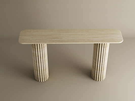 Rectangular Travertine Console Table with Vertical Groove Base – Organic Stone Base – Customizable Console Table