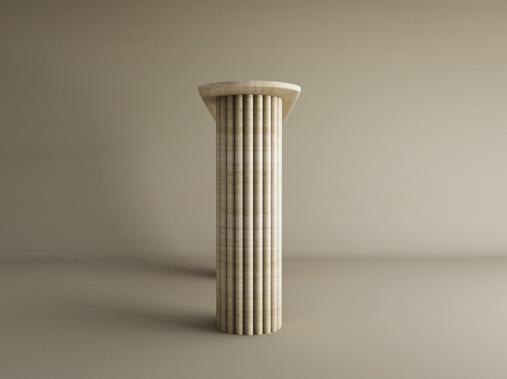 The Ovale Travertine Console Table by TRAVERTABLE, featuring a vertical groove organic stone base, stands alone against a light background under soft lighting. No other objects or decorations are present.