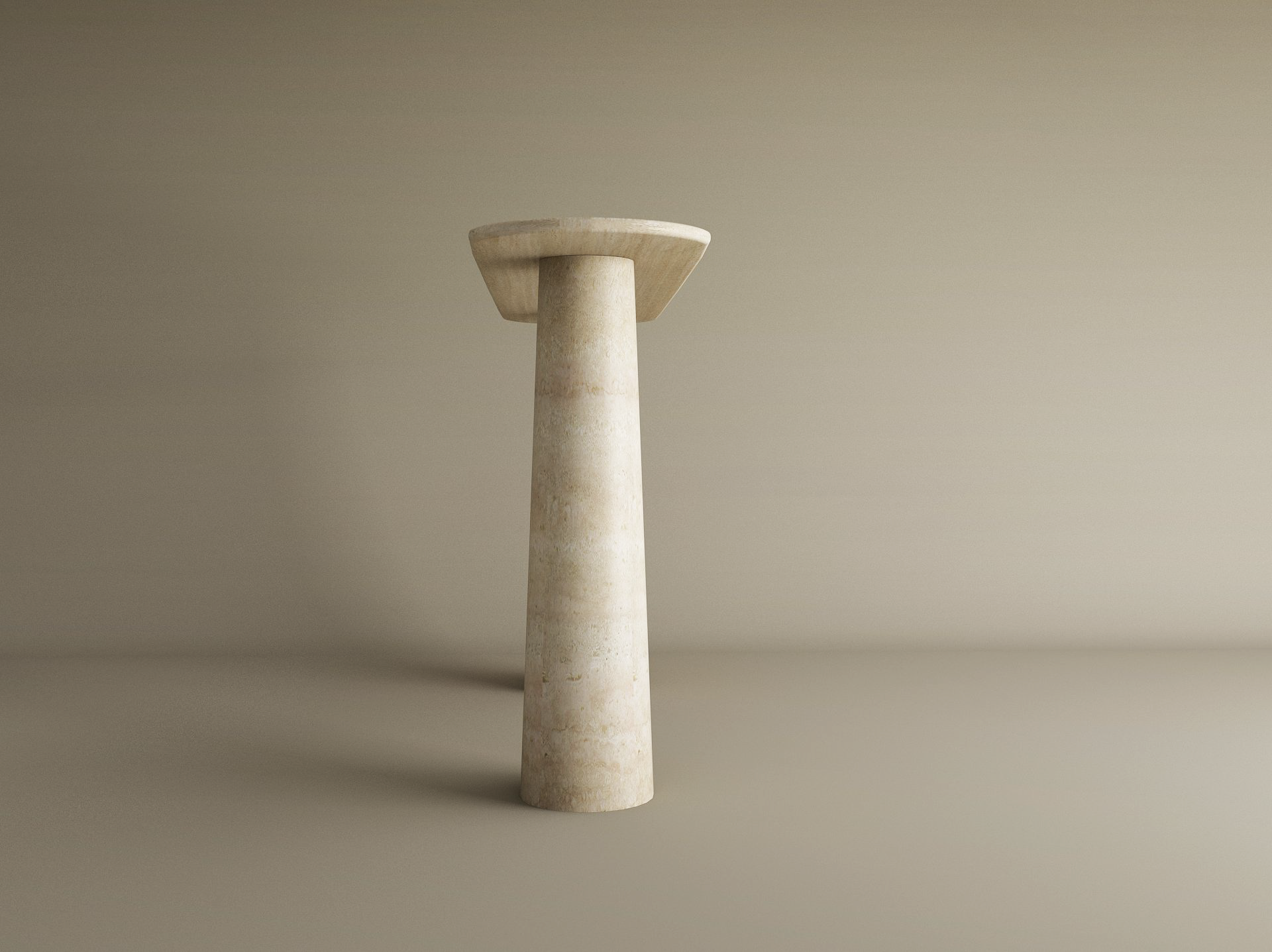 The TRAVERTABLE Ovale Travertine Console Table features a tall, conical travertine stone base and circular top, showcasing sculptural elegance in a minimalist setting. Customizable for your space.