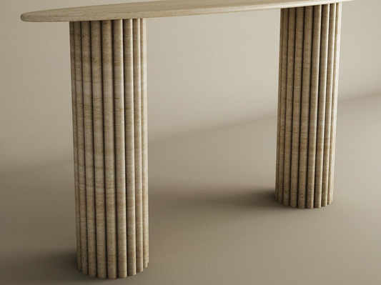 Ellips Travertine Console Table with Vertical Groove Base – Organic Stone Base – Customizable Console Table