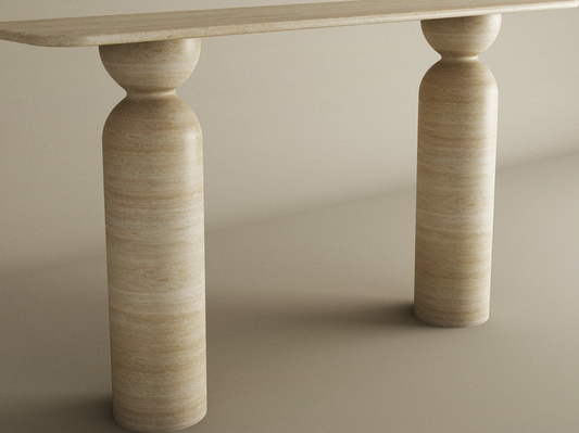 Rectangular Travertine Console Table with Sculptural Round Base – Organic Travertine Stone Base – Customizable Console Table