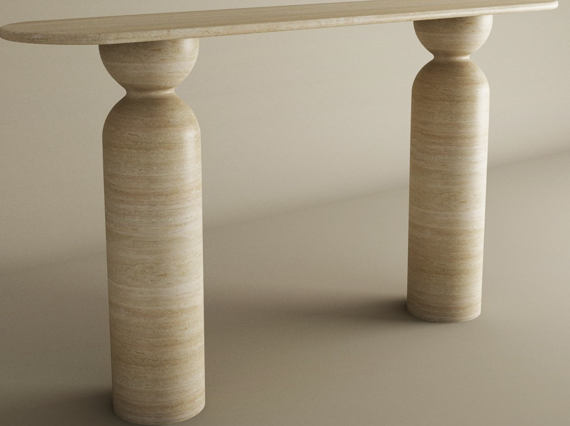 The Ovale Travertine Console Table by TRAVERTABLE features an elongated oval top, a sculptural round base, and cylindrical stone legs with sphere accents in organic travertine—a customizable statement piece.