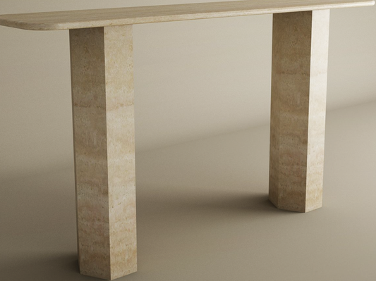 Rectangular Travertine Console Table with Hexagonal Pedestal Base – Organic Stone Base – Customizable Console Table