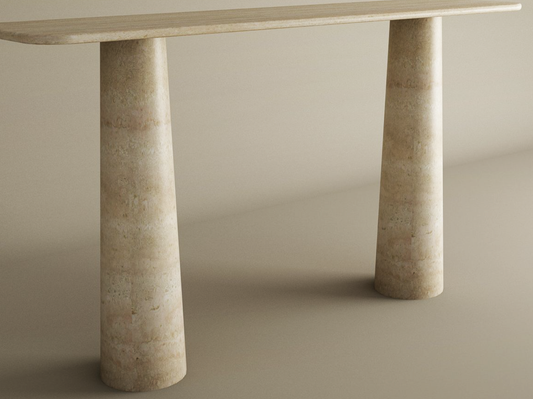Rectangular Travertine Console Table with Conical Pedestal Base – Organic Travertine Stone Base – Customizable Console Table