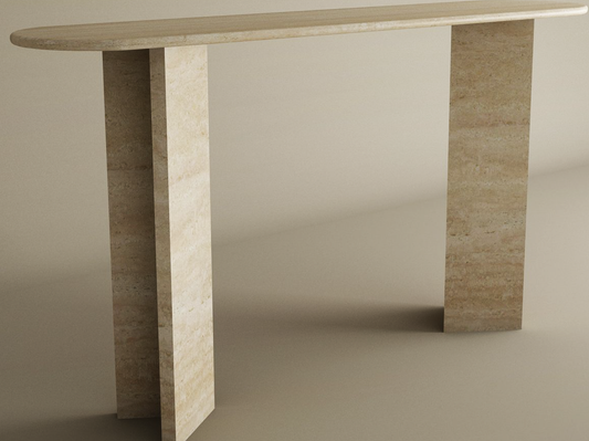 Ovale Travertine Console Table with Split-V Pedestal Base – Travertine Stone Base – Customizable Console Table