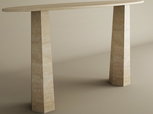 Ellips Travertine Console Table with Tapered Round Base – Solid Travertine Stone Base – Customizable Console Table