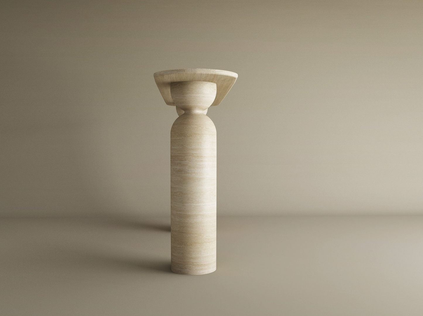 The Ovale Travertine Console Table by TRAVERTABLE features a sculptural round base, rounded midsection, and wide flat top in organic travertine stone. This abstract beige-toned statement piece stands upright against a neutral background. Customizable design.