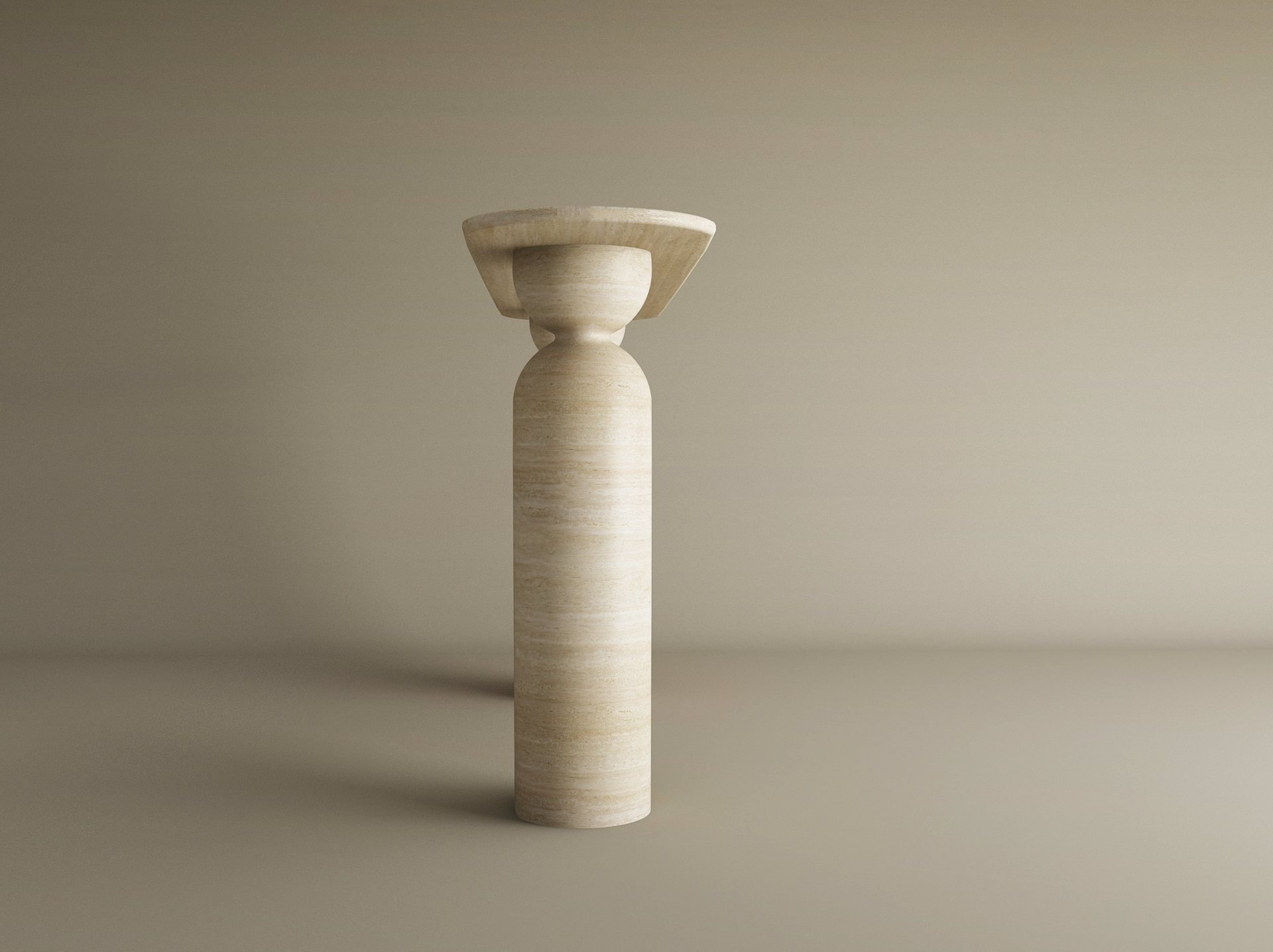 The Ovale Travertine Console Table by TRAVERTABLE features a sculptural round base, rounded midsection, and wide flat top in organic travertine stone. This abstract beige-toned statement piece stands upright against a neutral background. Customizable design.