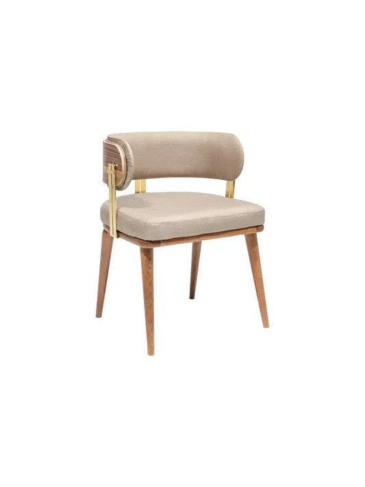 Travertables Mid-Century Modern Walnut and Brass Chair boasts a beige, rounded backrest, wooden legs, and gold accents for an elegant touch. Its soft fabric upholstery elevates any decor with contemporary style.