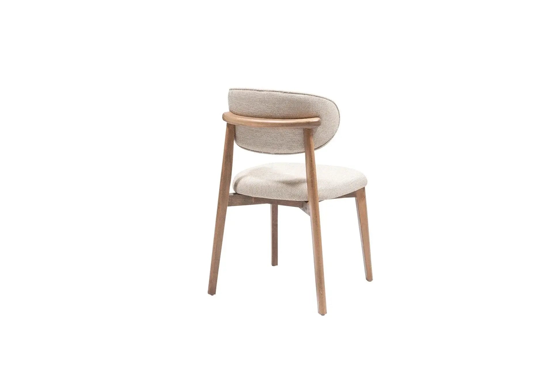 The Sleek Comfort Dining Chair by Travertable is a modern, ergonomic piece with a wooden frame and light beige upholstery. Its minimalist design includes four legs and a slightly curved backrest, elegantly displayed on a white background.