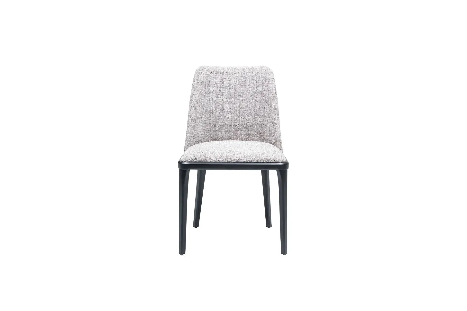 Introducing Travertables Comfort Dining Chair, boasting a modern design with a softly cushioned light gray fabric seat and backrest. Supported by four slender black legs, its ergonomic structure is highlighted against a white background for minimalist elegance.