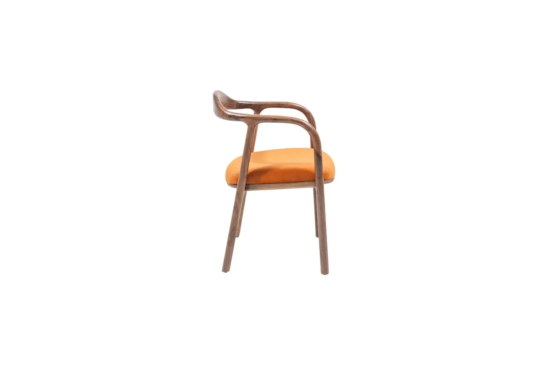 The Travertable Contemporary Curve Armchair boasts a striking modern design with a sleek wooden frame, vibrant orange fabric seat, and elegantly curved backrest. The integrated armrests enhance its contemporary flair, set against a plain white background.