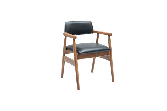 Travertables Executive Elegance Armchair features a minimalist modern design with ergonomic armrests, a wooden frame with slender legs, and black faux leather cushions for the seat and backrest. Its simple, angular charm is accentuated by the white background.