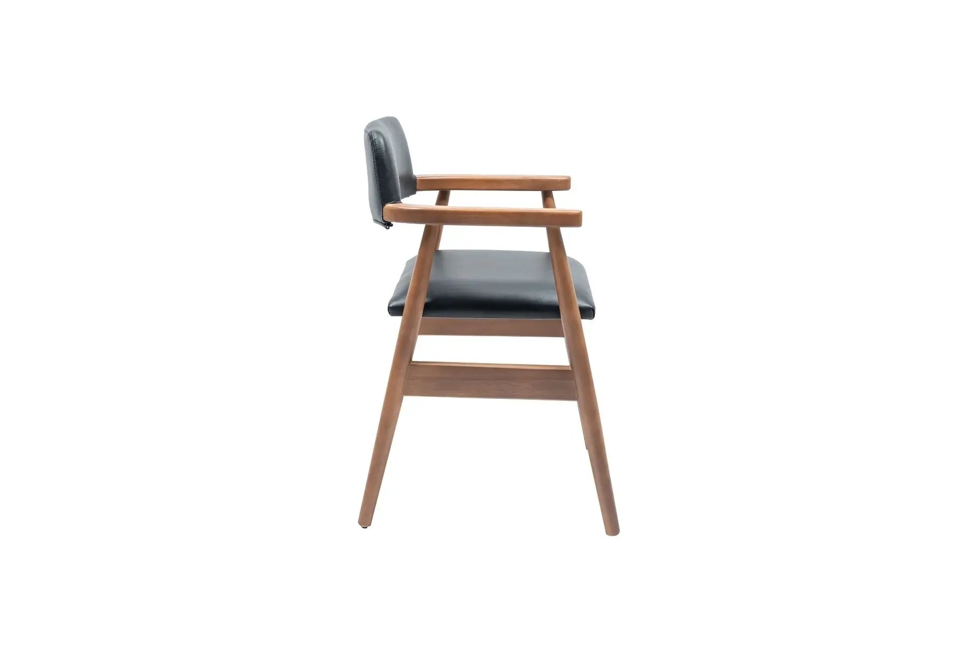 A side view of the Travertable Executive Elegance Armchair showcases wooden legs and ergonomic armrests. The seat and backrest are upholstered in dark faux leather, featuring a minimalist design with clean lines against a white background.