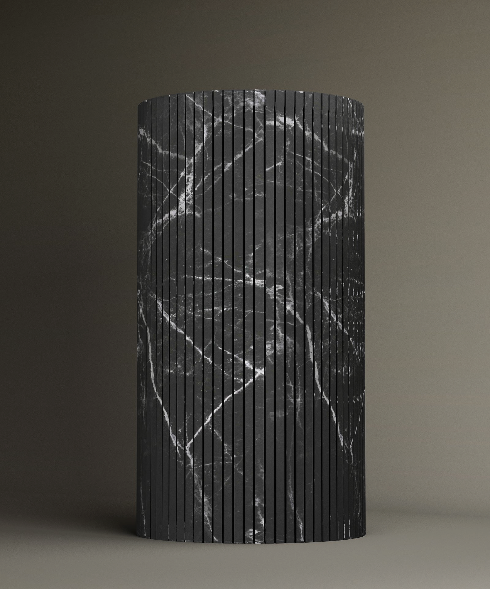 The TRAVERTABLE Nero Marquina Round Fluted Marble Pedestal Vanity Sink features white veining and elegant fluted grooves, making it a stunning focal point for contemporary interiors.