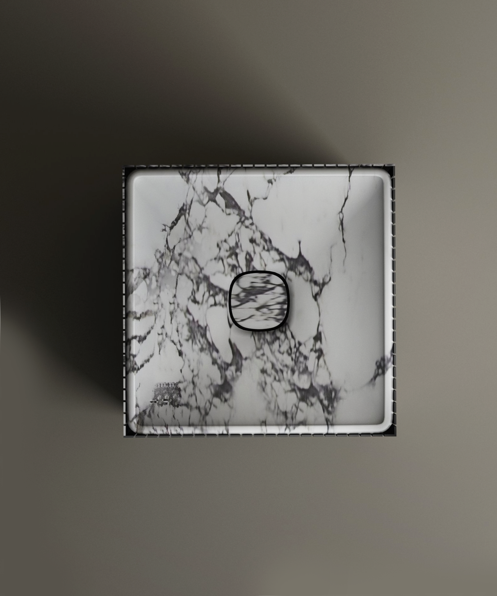 The TRAVERTABLE Calacatta Square Fluted Marble Pedestal Vanity Sink features a white marble design with bold dark veining, matching drain cover, and straight edges, shown from above on a matte surface.