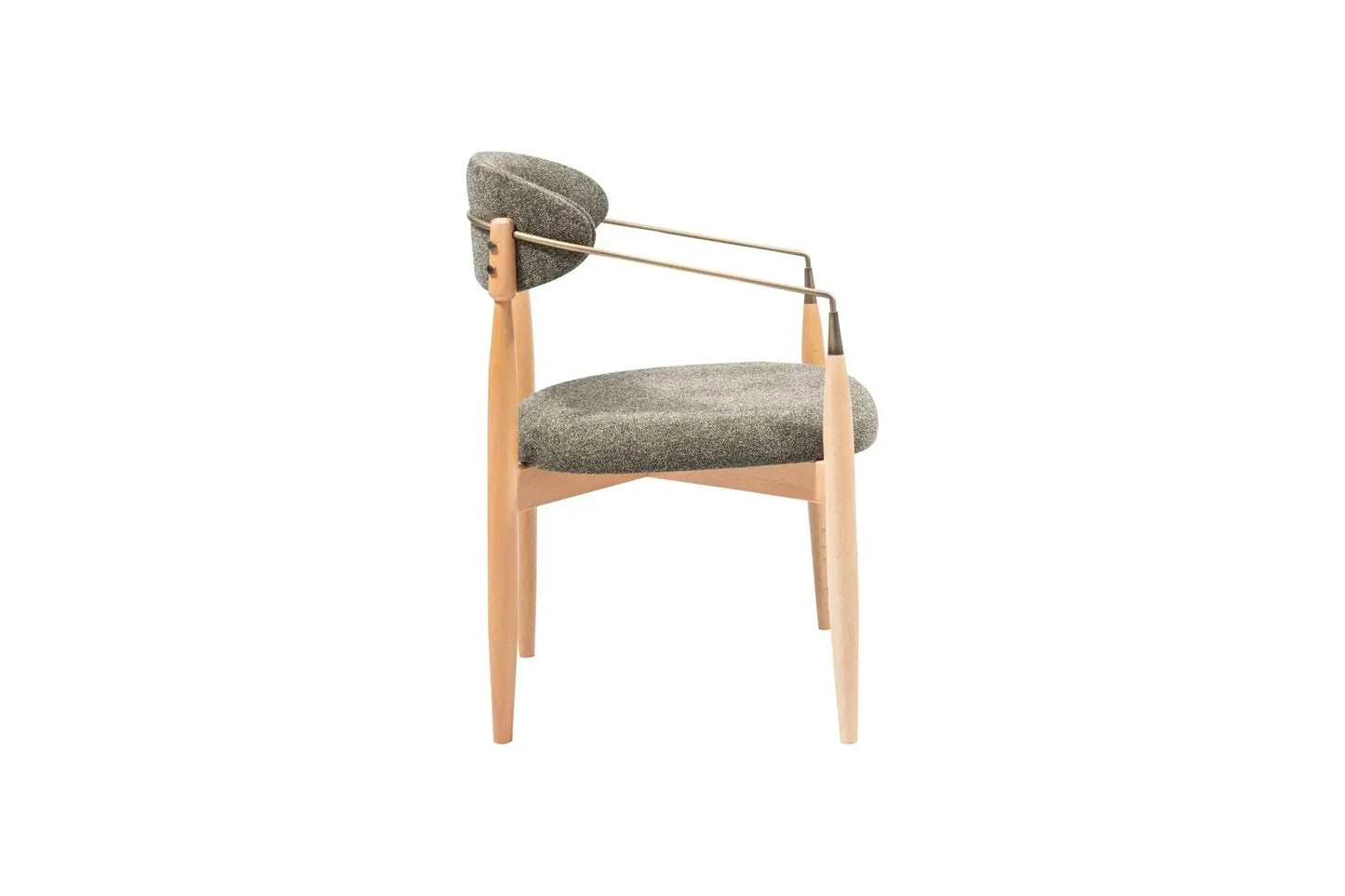 The Orion Designer Chair by Travertable features a modern aesthetic with a curved backrest and padded gray fabric seat. Its ergonomic design is enhanced with wooden legs and sleek metal arm supports, set against a plain white background.