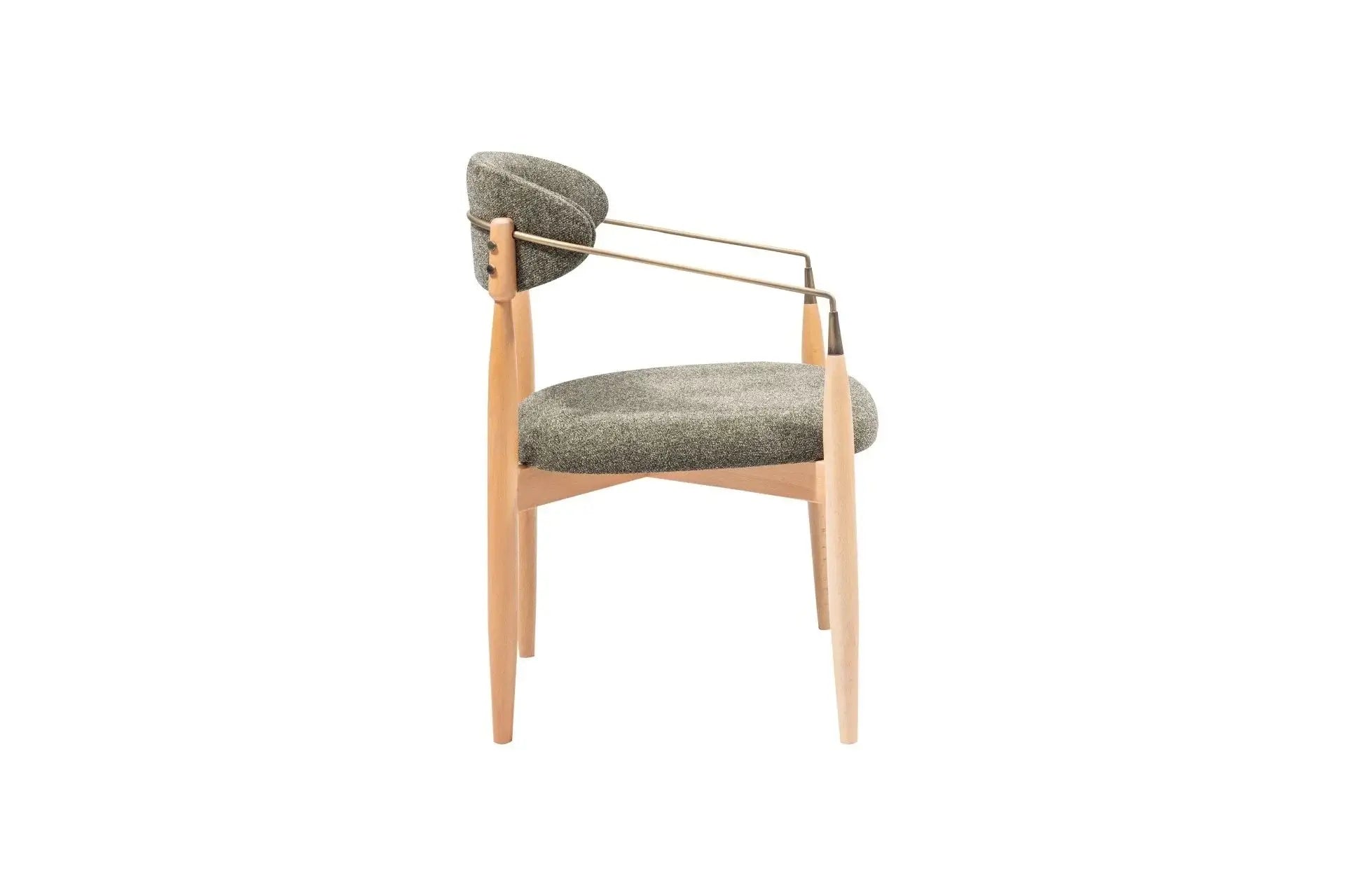 The Orion Designer Chair by Travertable features a modern aesthetic with a curved backrest and padded gray fabric seat. Its ergonomic design is enhanced with wooden legs and sleek metal arm supports, set against a plain white background.